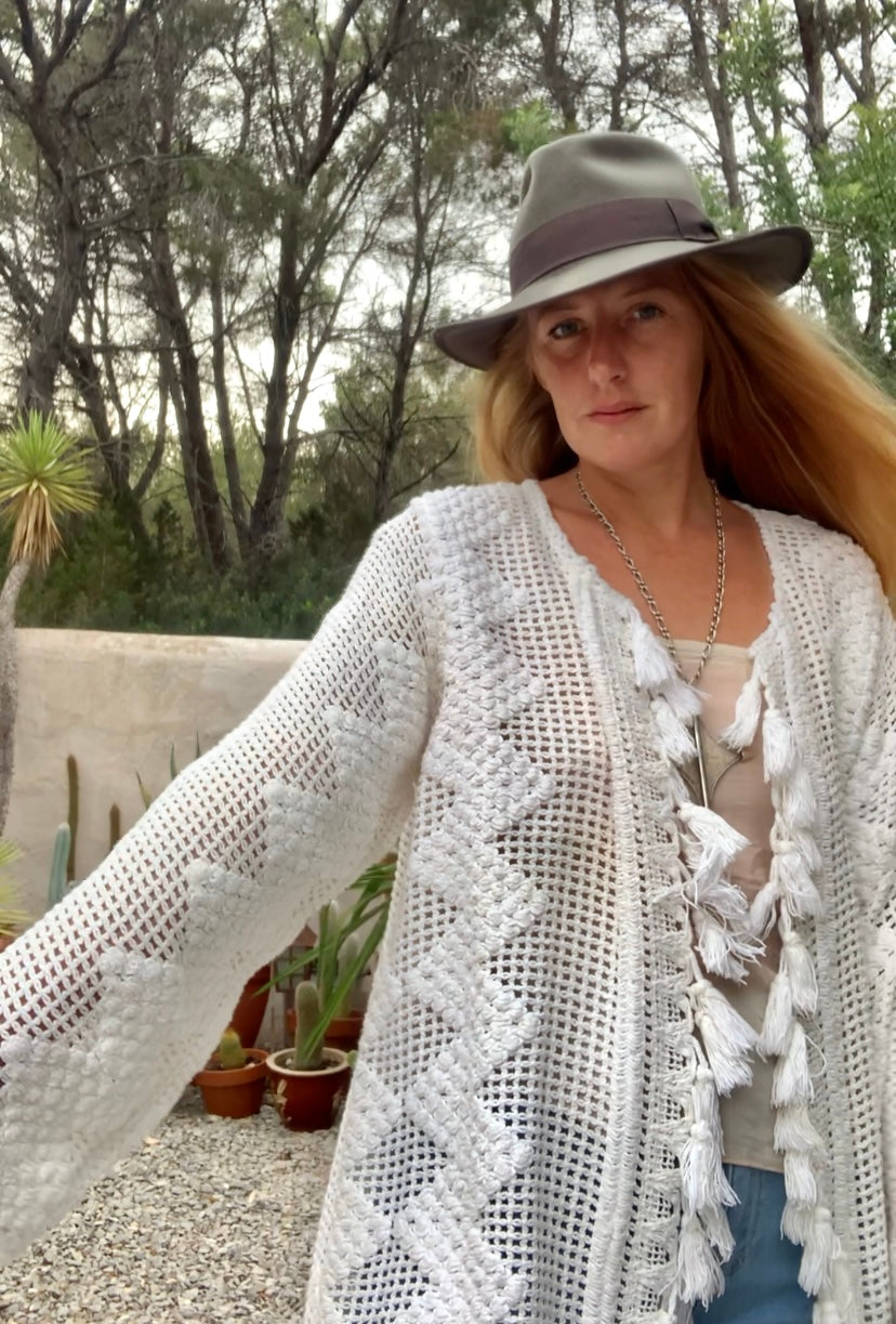 Vintage white crochet jacket with tásales up-cycled by Vagabond Ibiza