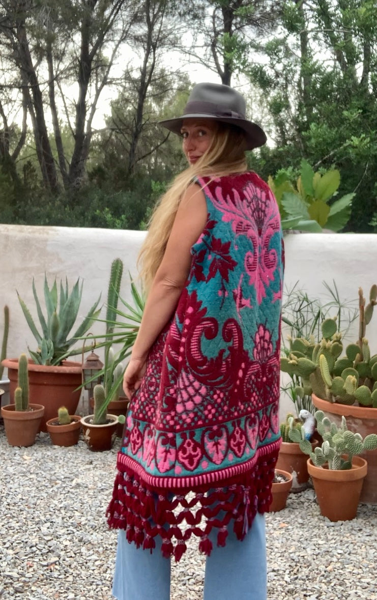 Amazing hand woven English textiles Up-cycled waistcoat jacket made by Vagabond Ibiza with bright pink and blue design and oversized tassels