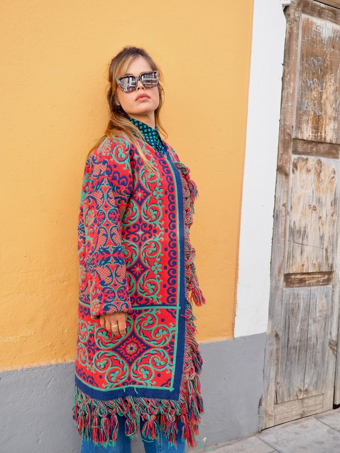 Amazing one off a kind woven tapestry jacket with oversize tassels trimming up-cycled jacket made by Vagabond Ibiza