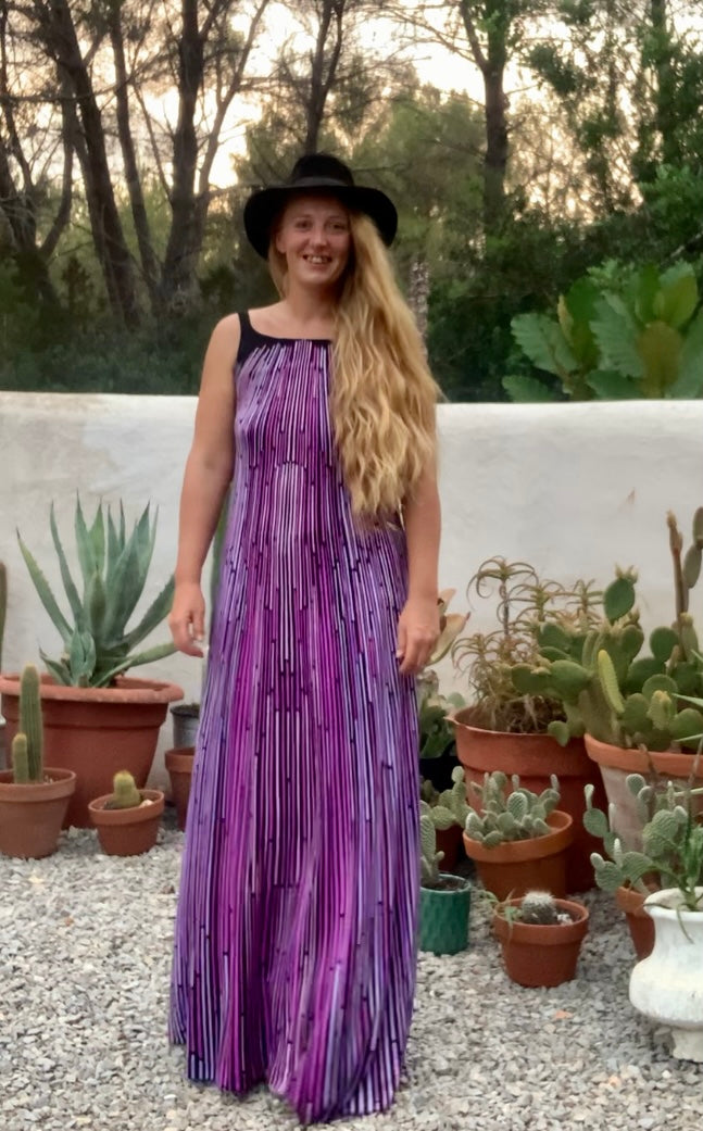 Original vintage 1970’s black and purple striped geometric design maxi dress