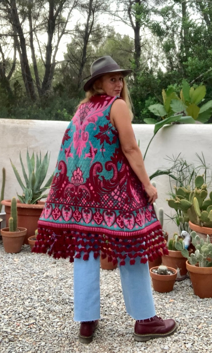 Amazing hand woven English textiles Up-cycled waistcoat jacket made by Vagabond Ibiza with bright pink and blue design and oversized tassels