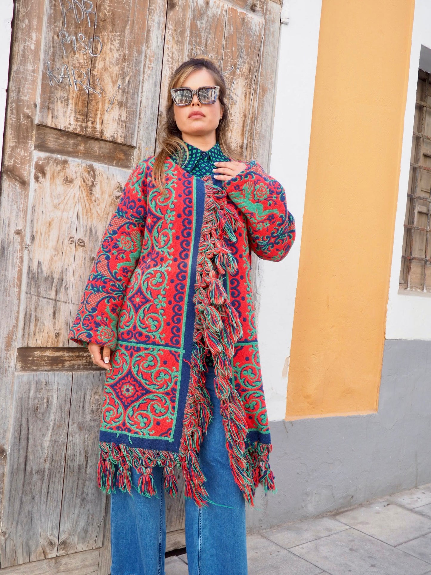 Amazing one off a kind woven tapestry jacket with oversize tassels trimming up-cycled jacket made by Vagabond Ibiza