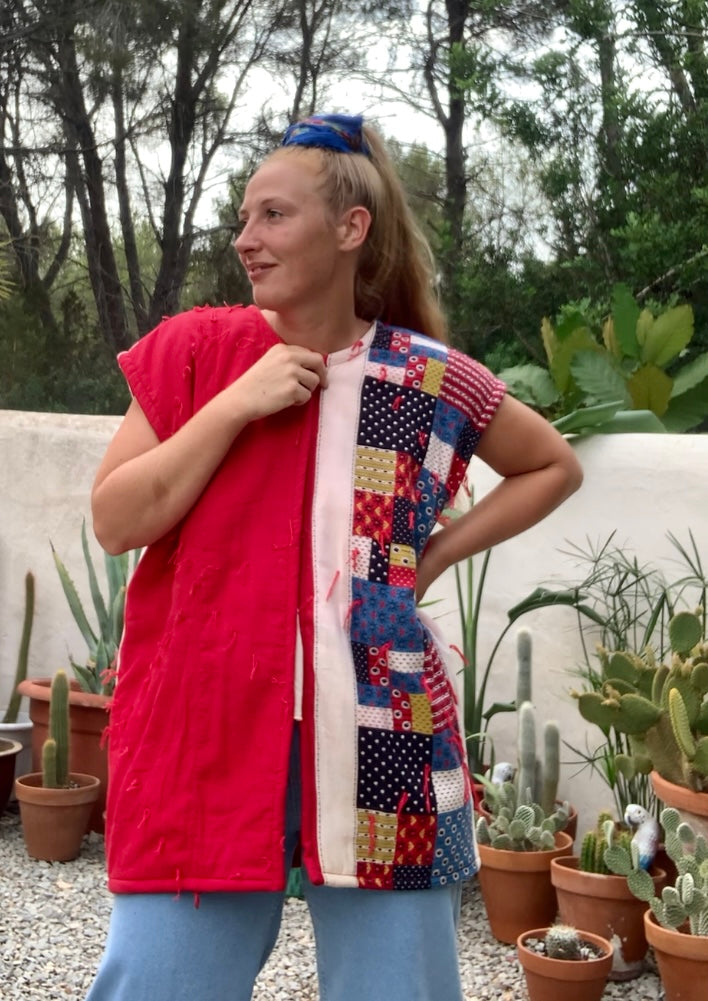 Patchwork cotton quilted blanket waistcoat jacket up-cycled by Vagabond Ibiza with red and blue design