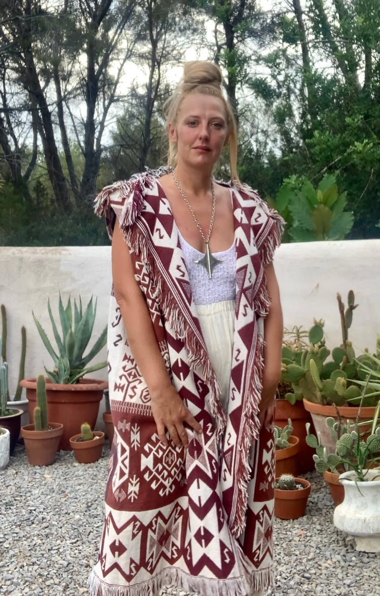 White and brown cotton long Aztec design blanket waistcoat/jackets up-cycled by Vagabond Ibiza.