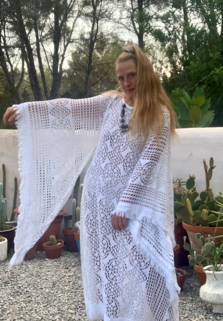 vintage white crochet long maxi dress with wide bell sleeves up-cycled by Vagabond Ibiza