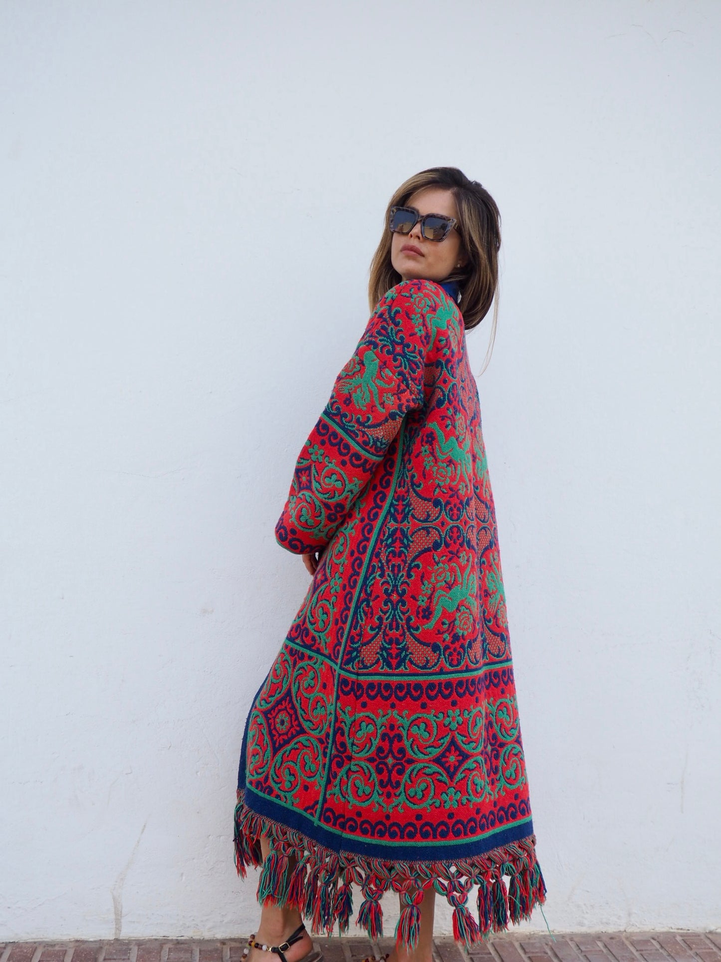Amazing one off a kind woven tapestry jacket with oversize tassels trimming up-cycled jacket made by Vagabond Ibiza