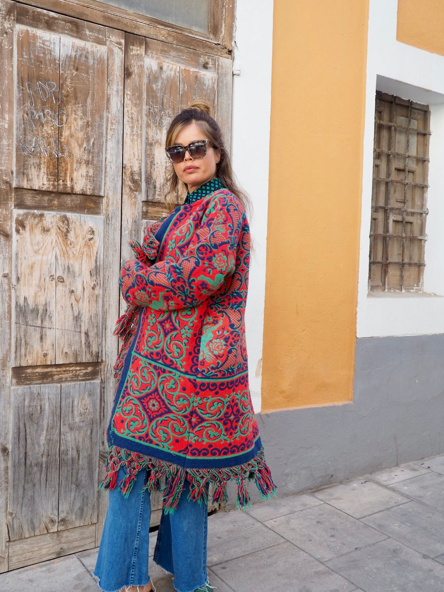 Amazing one off a kind woven tapestry jacket with oversize tassels trimming up-cycled jacket made by Vagabond Ibiza