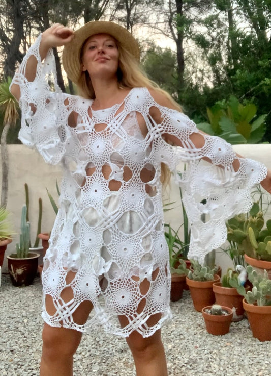 Funky vintage white crochet oversized bell sleeve dress up-cycled by Vagabond Ibiza