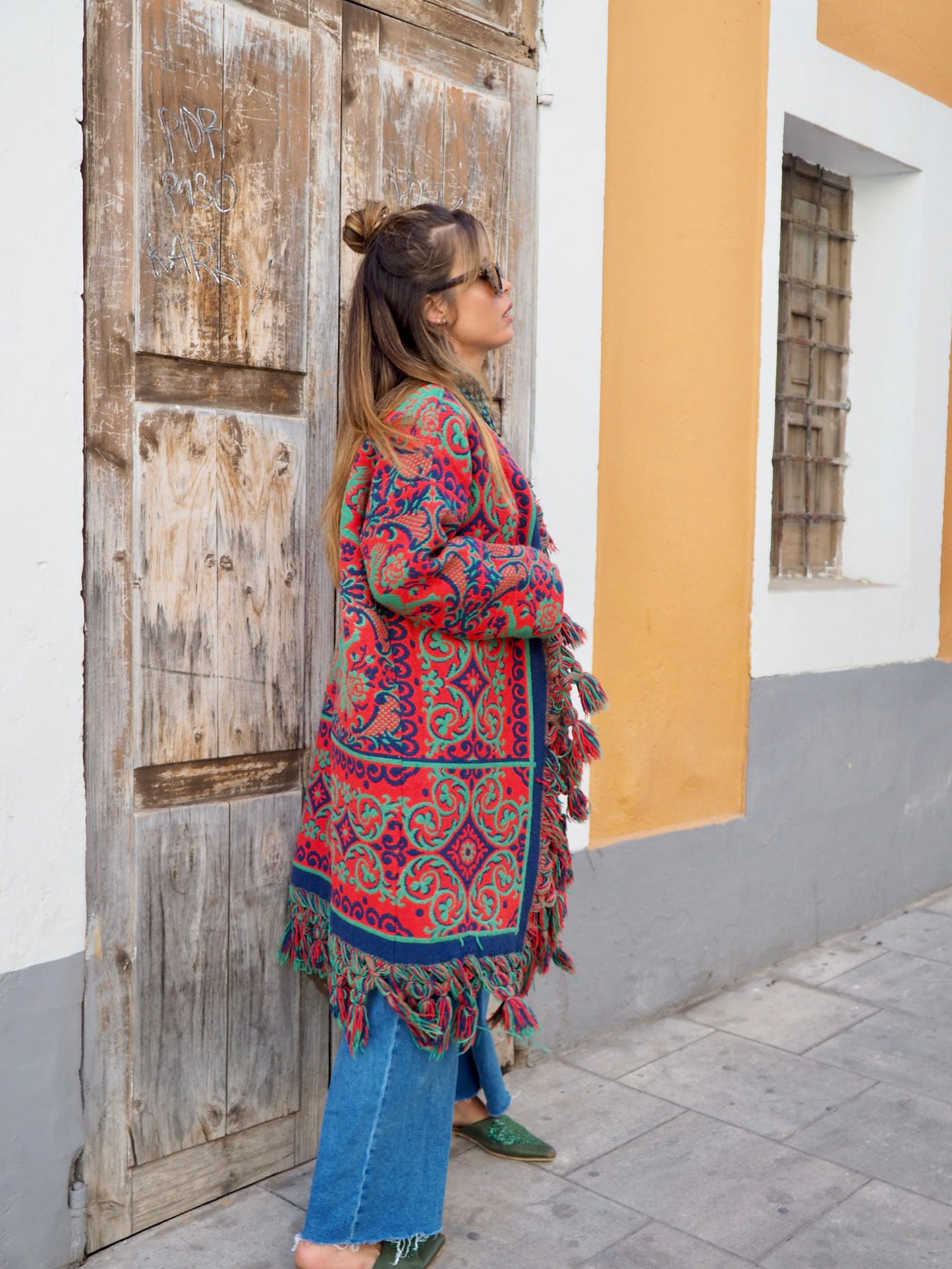 Amazing one off a kind woven tapestry jacket with oversize tassels trimming up-cycled jacket made by Vagabond Ibiza