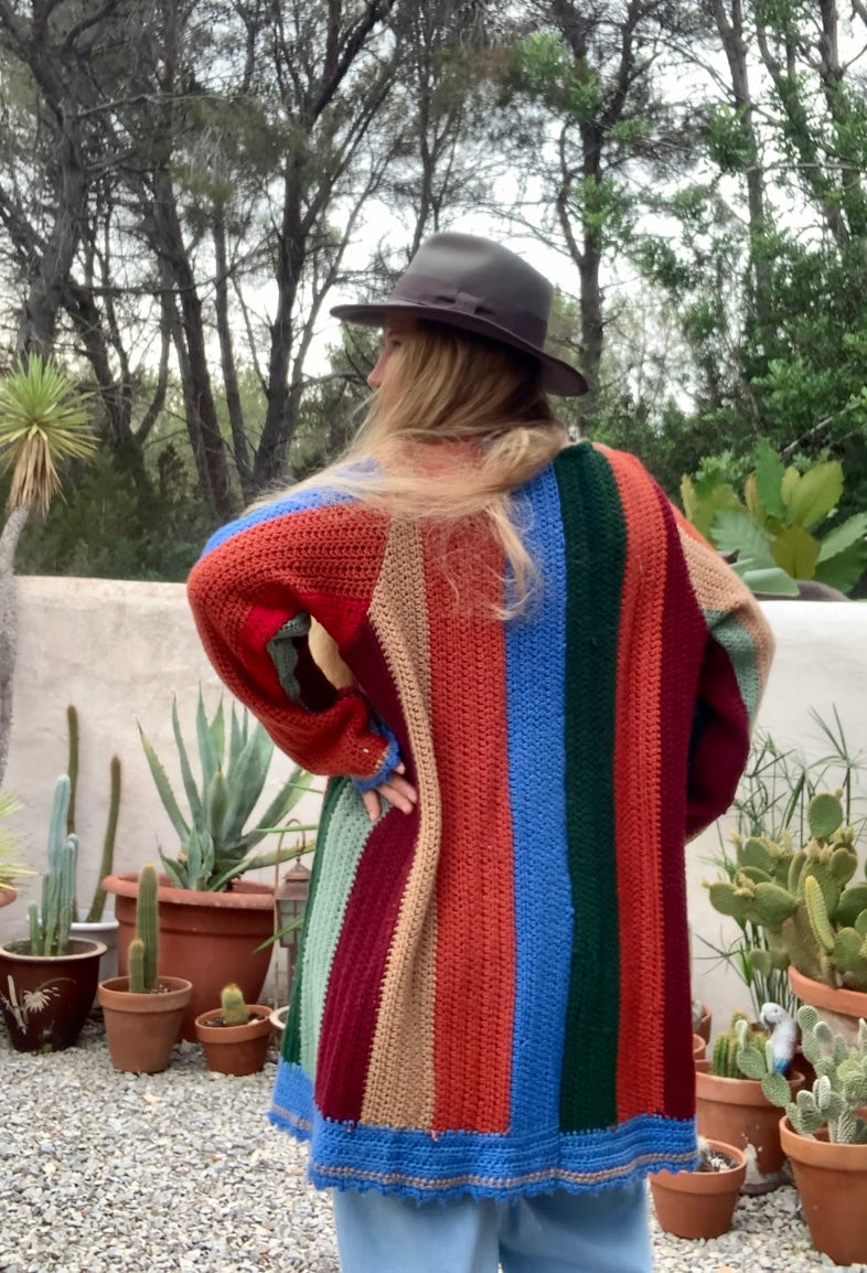 Hand made cotton and wool crochet blanket  jacket Up-cycled by Vagabond Ibiza with earthy brown green and blue striped design.