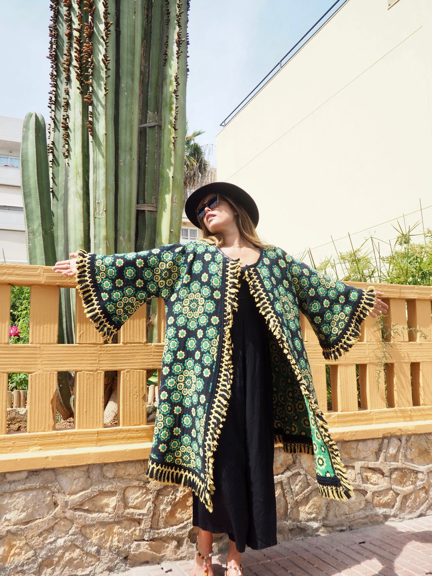 Stunning vintage 1970’s black and green tapestry jacket cut on the bias with bell sleeves made by Vagabond Ibiza