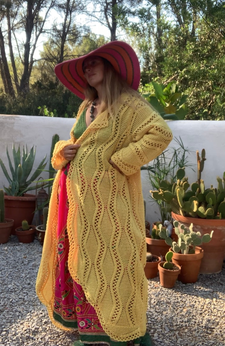Vintage bright yellow handmade crochet blanket jacket up-cycled by Vagabond Ibiza.