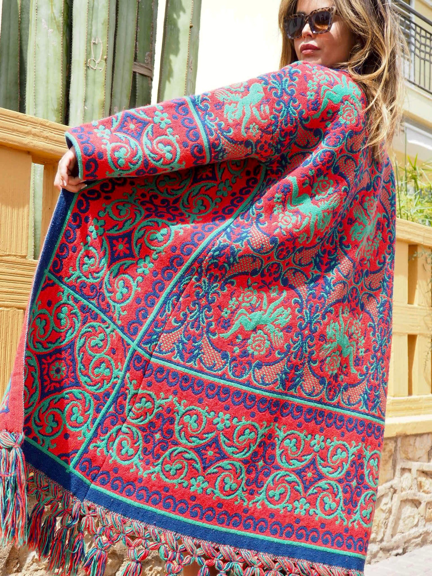Amazing one off a kind woven tapestry jacket with oversize tassels trimming up-cycled jacket made by Vagabond Ibiza