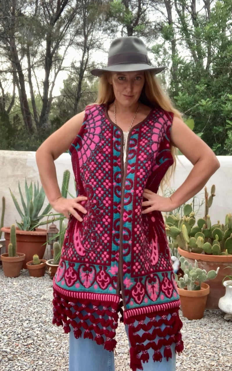 Amazing hand woven English textiles Up-cycled waistcoat jacket made by Vagabond Ibiza with bright pink and blue design and oversized tassels