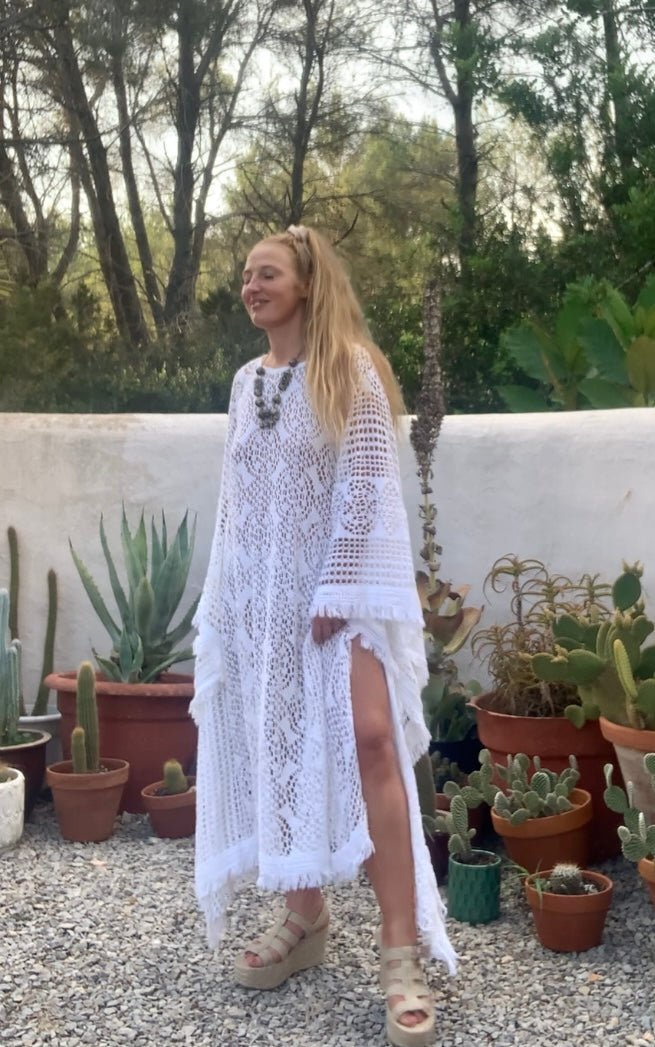vintage white crochet long maxi dress with wide bell sleeves up-cycled by Vagabond Ibiza
