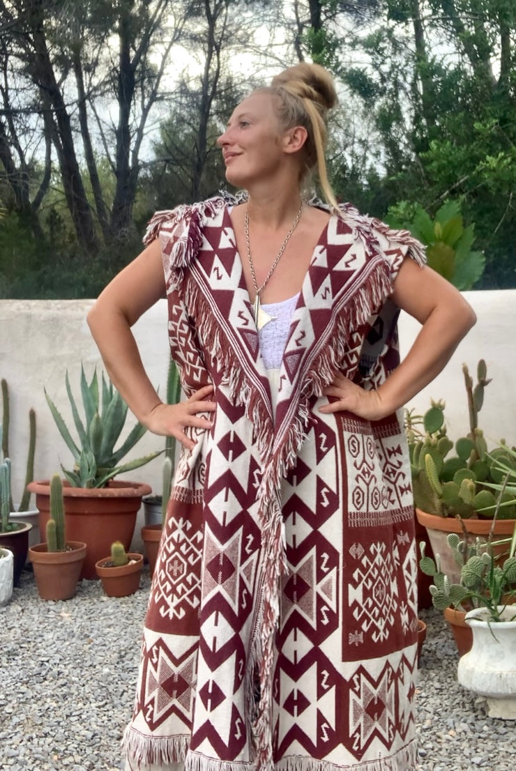 White and brown cotton long Aztec design blanket waistcoat/jackets up-cycled by Vagabond Ibiza.