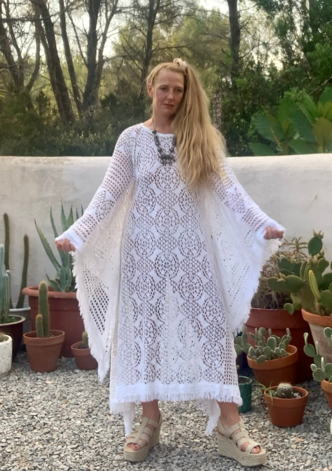 vintage white crochet long maxi dress with wide bell sleeves up-cycled by Vagabond Ibiza