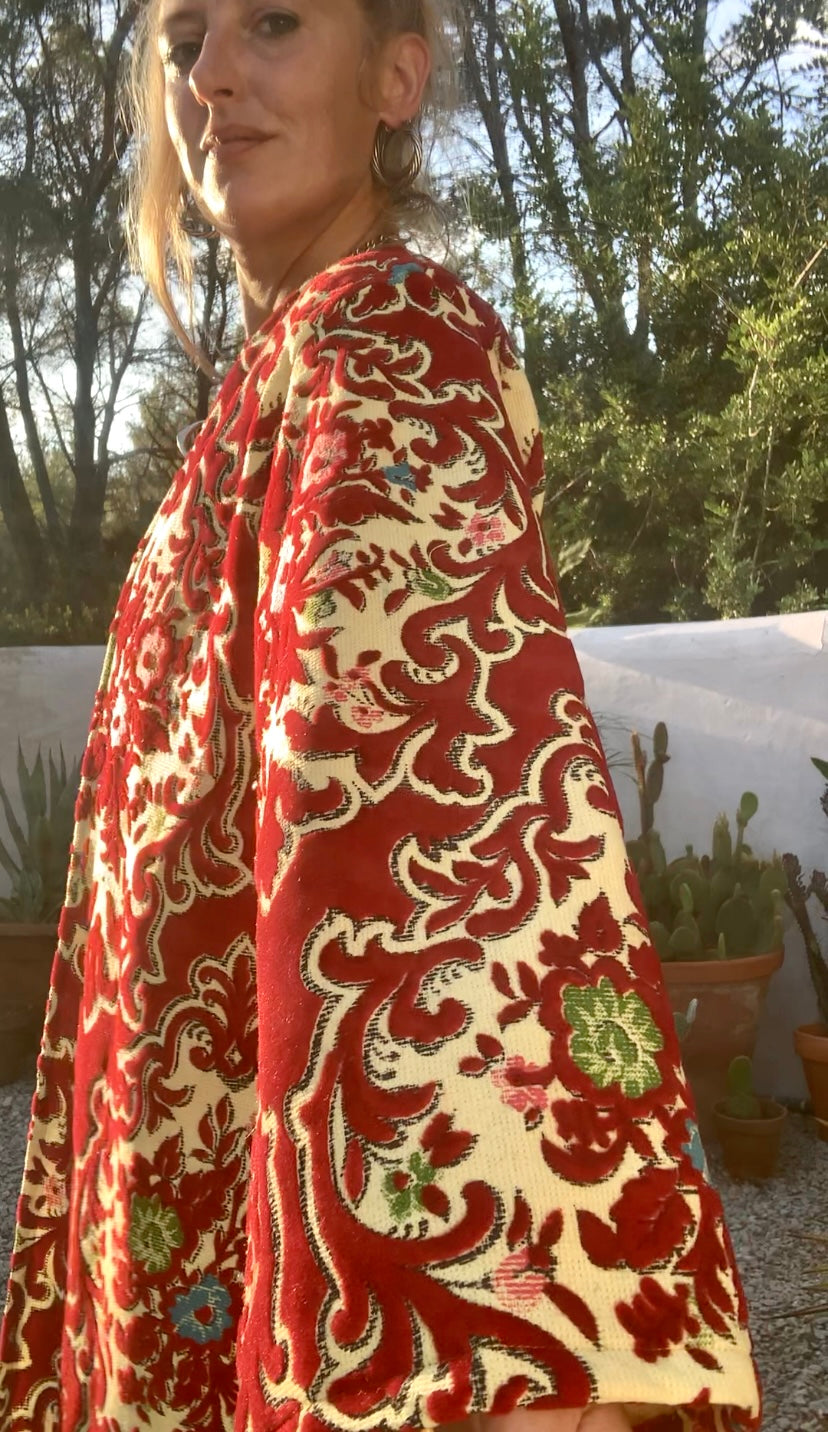 Vintage red and pastel yellow textiles with a burnet out devore Damascus pattern on the velvets pile very special textiles with tassel trim