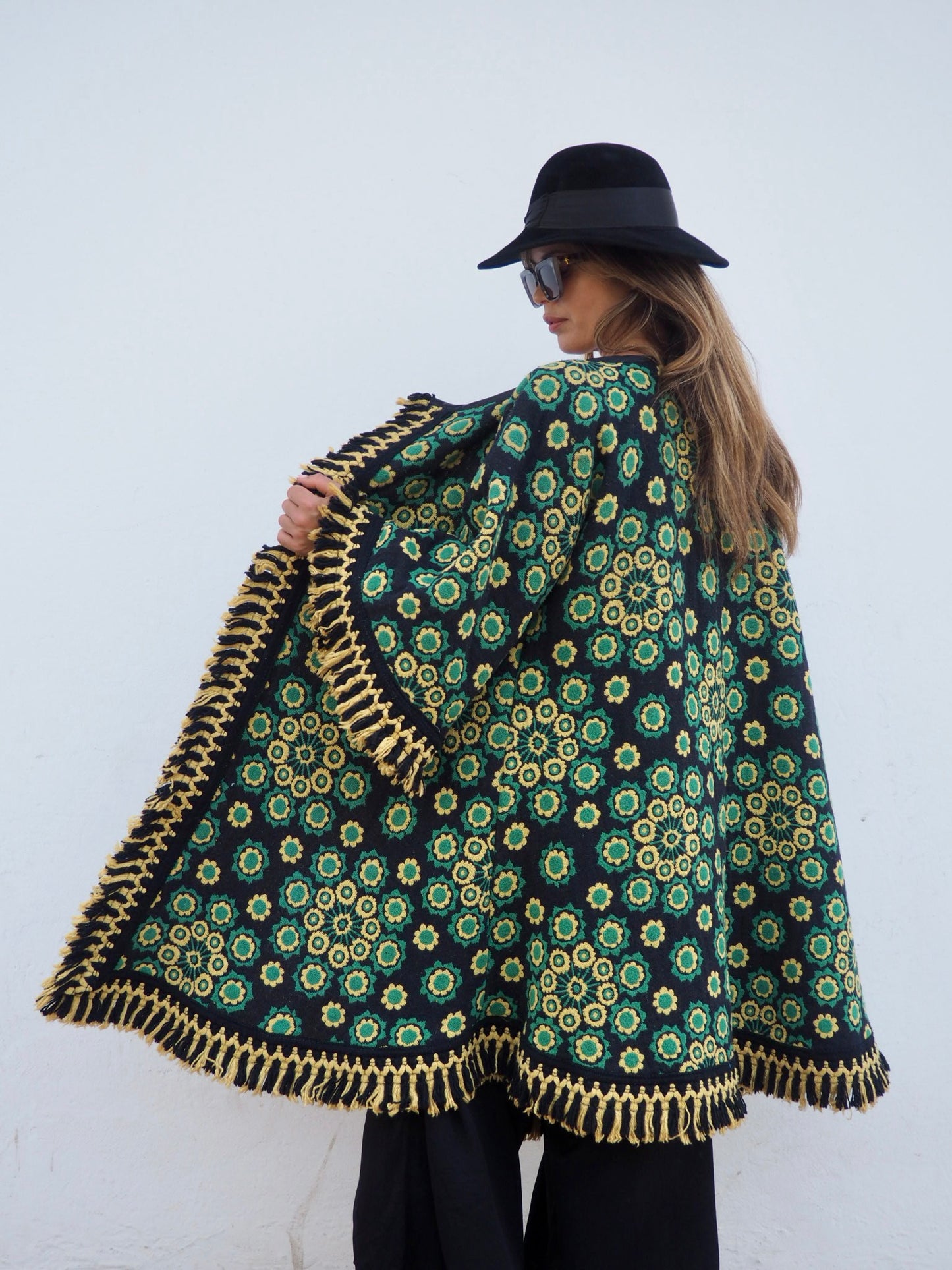 Stunning vintage 1970’s black and green tapestry jacket cut on the bias with bell sleeves made by Vagabond Ibiza
