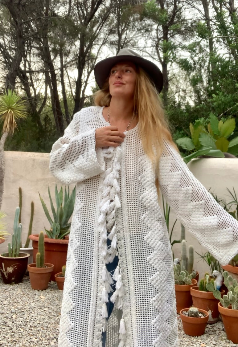 Vintage white crochet jacket with tásales up-cycled by Vagabond Ibiza