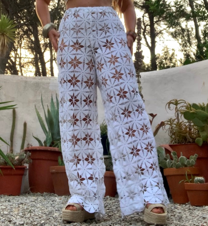 Vintage hand made crochet textiles up-cycled wide leg trousers by Vagabond Ibiza