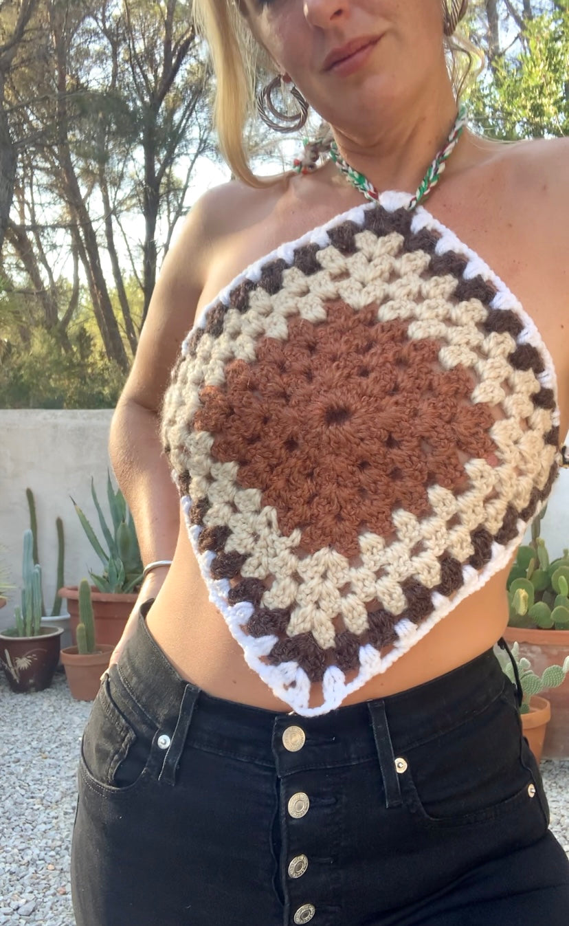 Vintage wool oversized granny square wool tie tops perfect for festivals party and summer time wear over a white shirt in winter