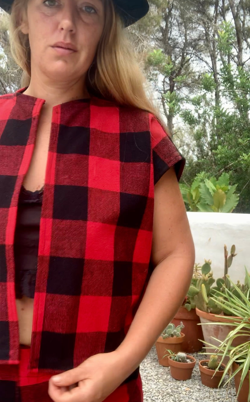 Red and black checked cropped waistcoat jacket made by Vagabond Ibiza from dead stock vintage textiles