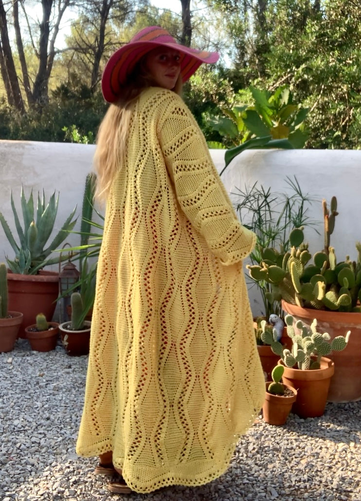 Vintage bright yellow handmade crochet blanket jacket up-cycled by Vagabond Ibiza.