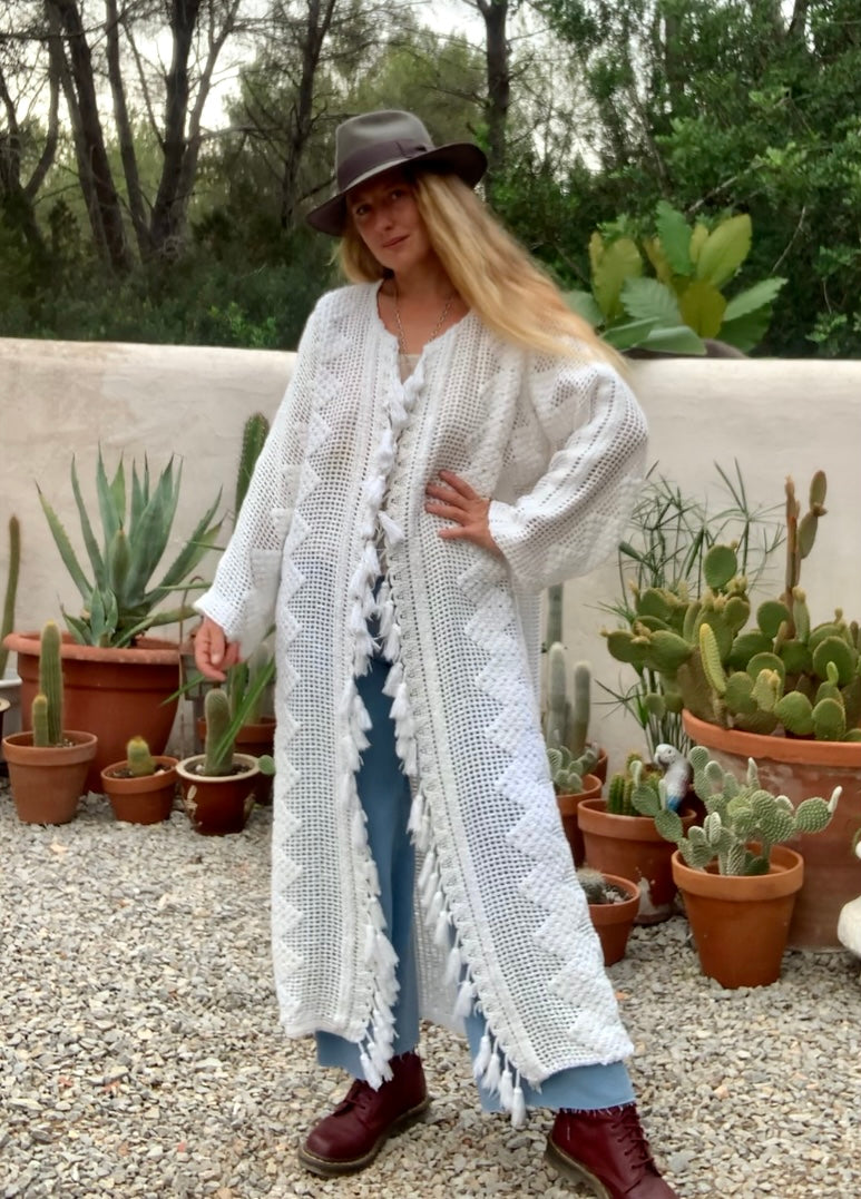 Vintage white crochet jacket with tásales up-cycled by Vagabond Ibiza