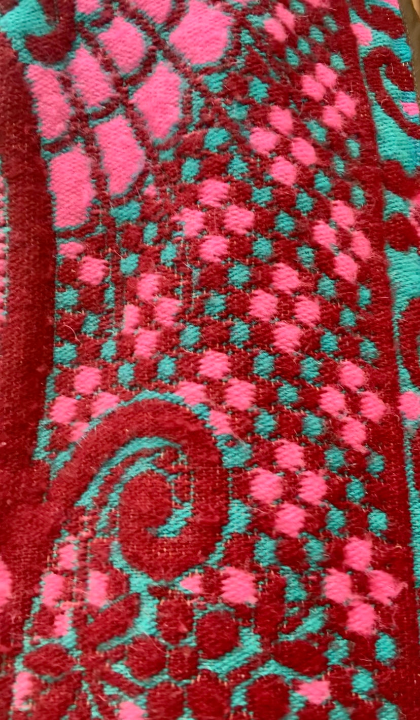 Amazing hand woven English textiles Up-cycled waistcoat jacket made by Vagabond Ibiza with bright pink and blue design and oversized tassels