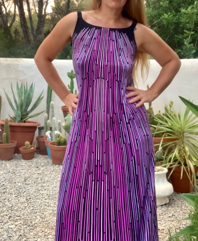 Original vintage 1970’s black and purple striped geometric design maxi dress