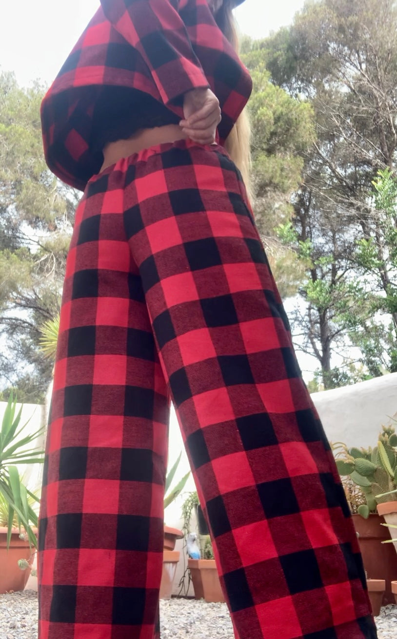 Red and black check vintage dead stock fabric Wide leg pants made by Vagabond Ibiza