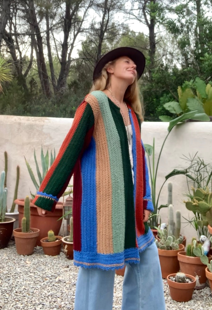 Hand made cotton and wool crochet blanket  jacket Up-cycled by Vagabond Ibiza with earthy brown green and blue striped design.