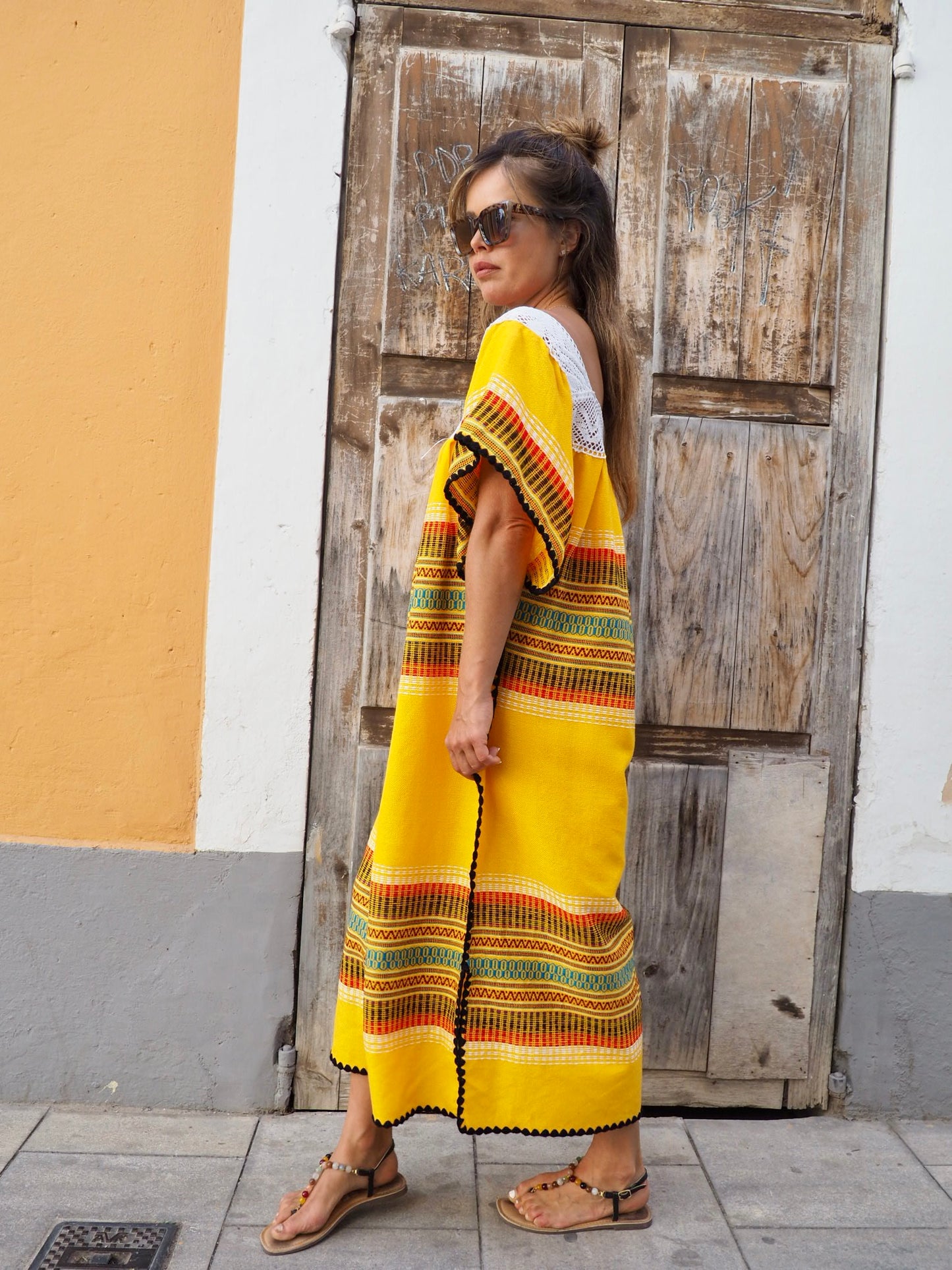 Vintage Mexican yellow woven Kaftan dress with embroidery details