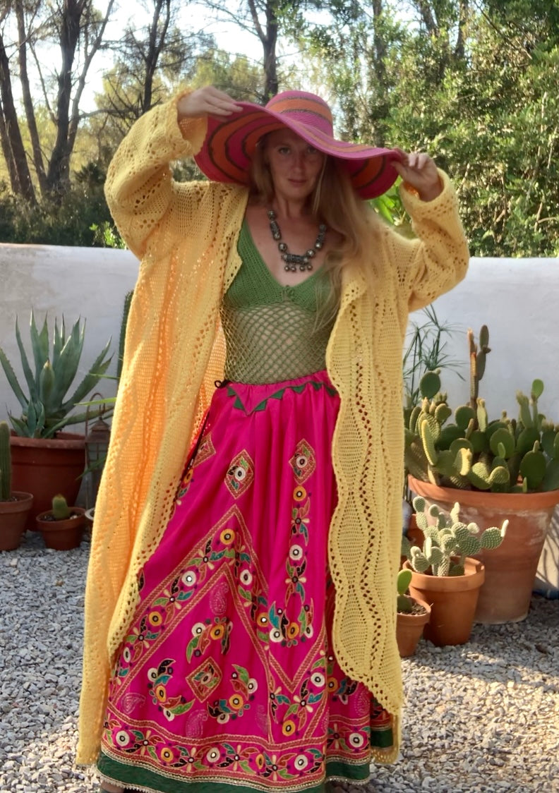 Vintage bright yellow handmade crochet blanket jacket up-cycled by Vagabond Ibiza.