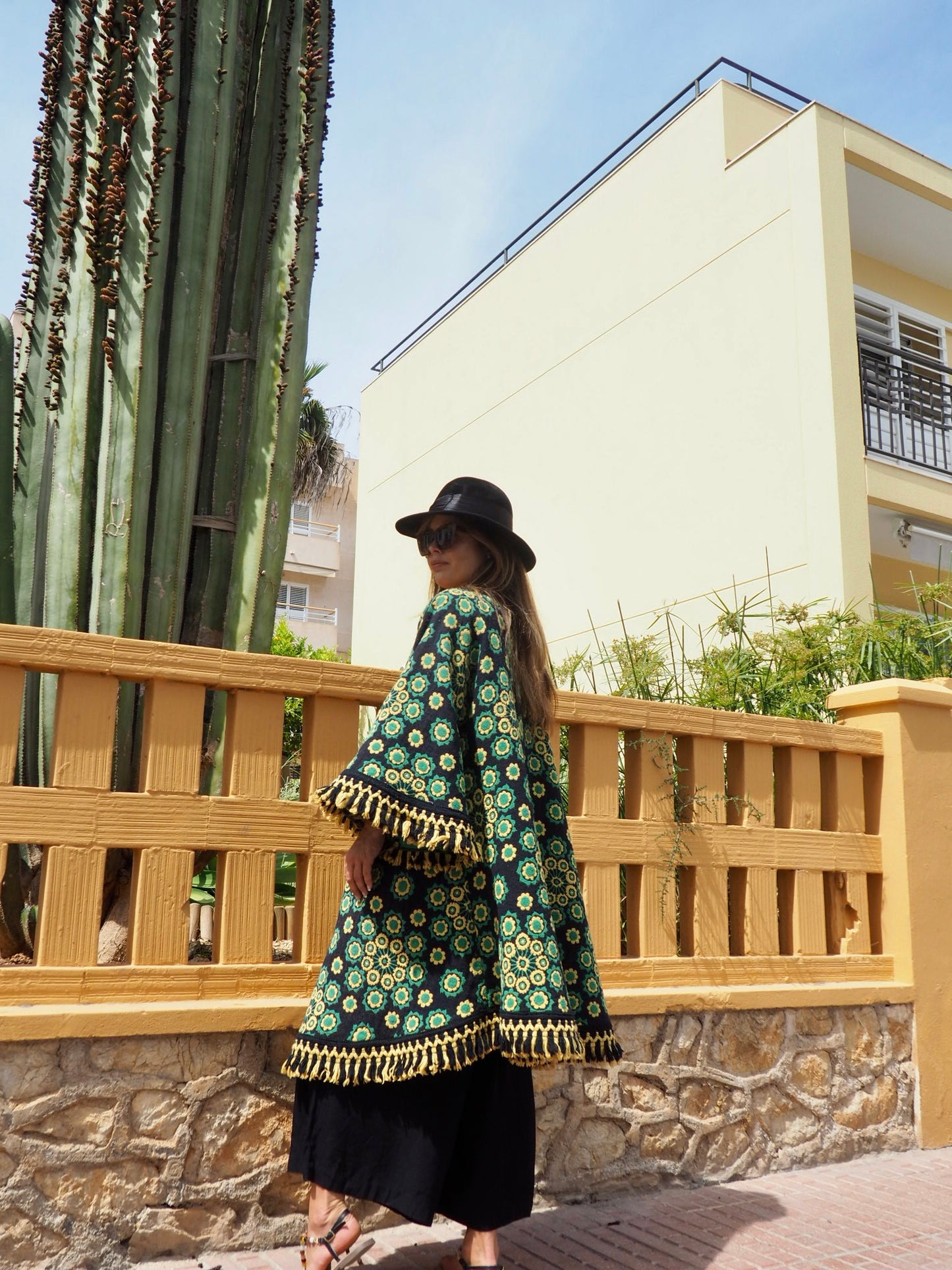 Stunning vintage 1970’s black and green tapestry jacket cut on the bias with bell sleeves made by Vagabond Ibiza