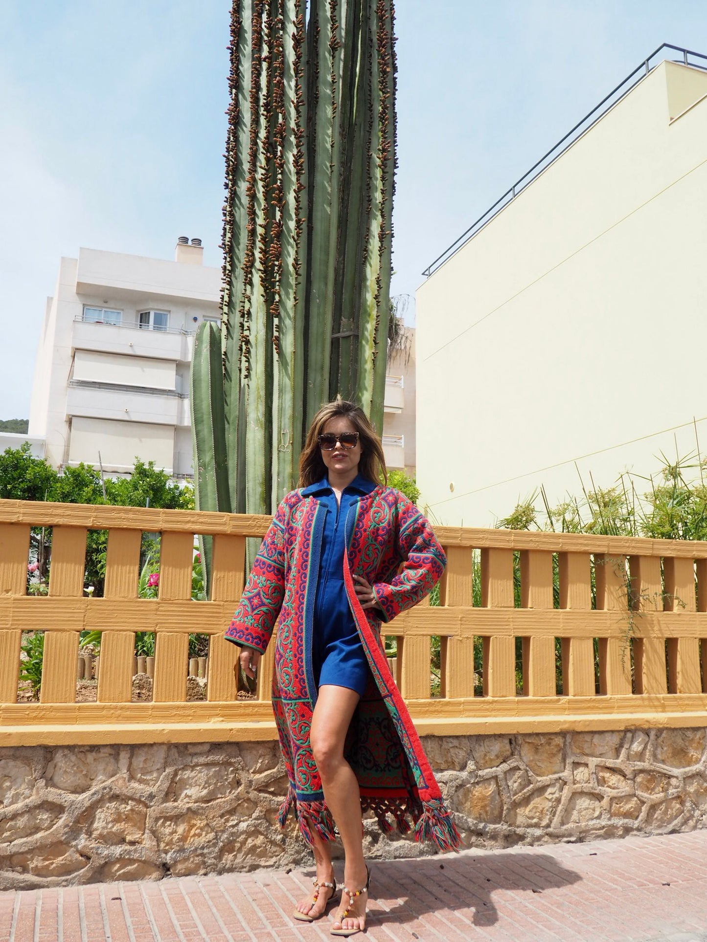 Amazing one off a kind woven tapestry jacket with oversize tassels trimming up-cycled jacket made by Vagabond Ibiza