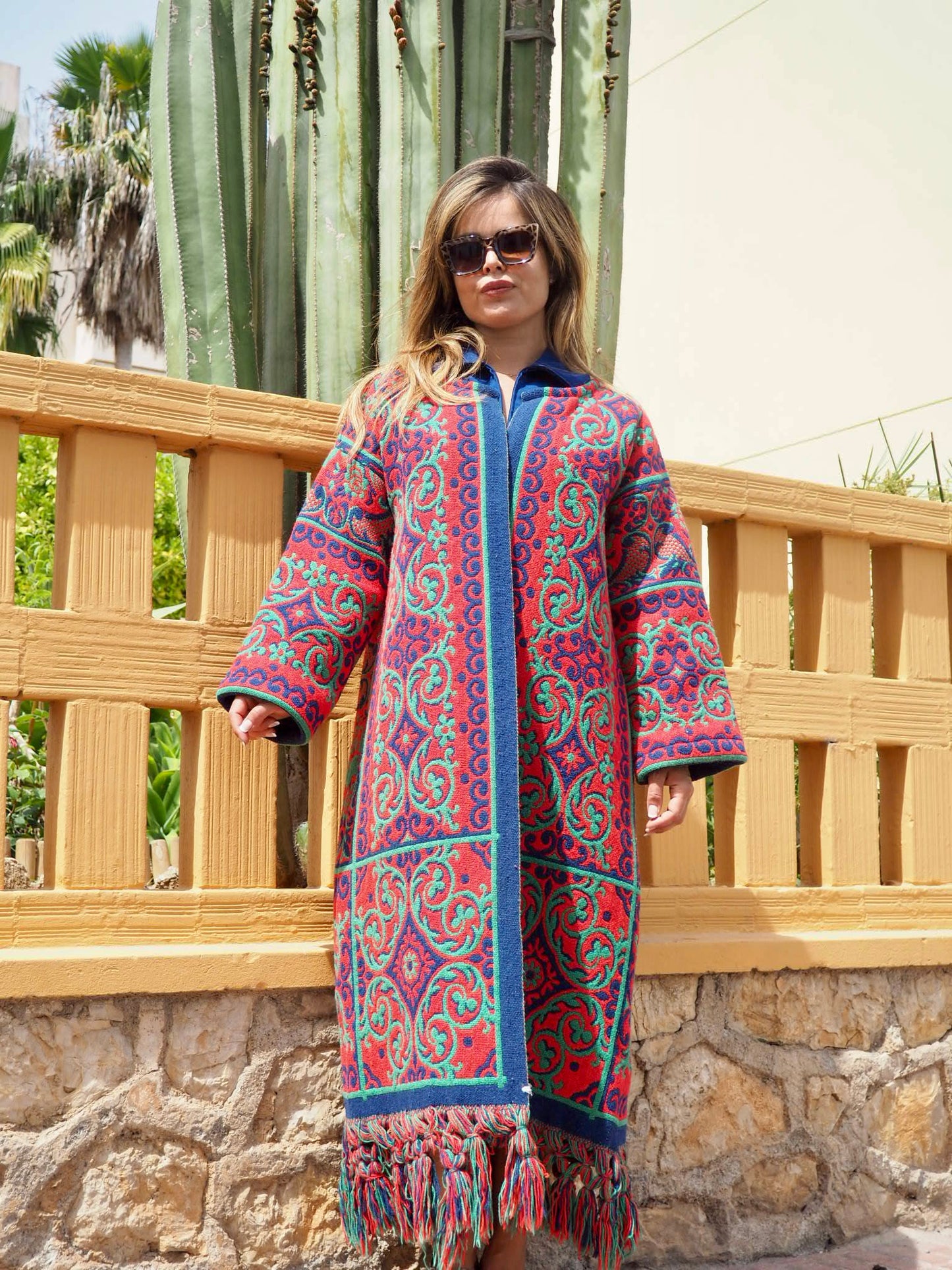 Amazing one off a kind woven tapestry jacket with oversize tassels trimming up-cycled jacket made by Vagabond Ibiza