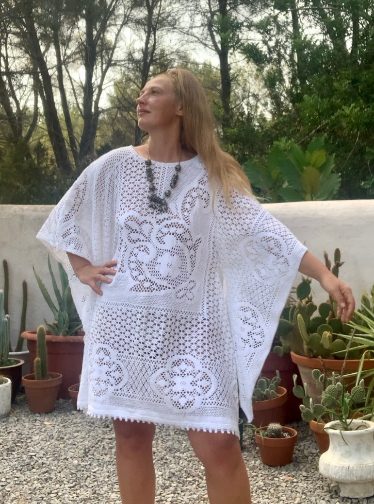 Vintage white handmade crochet lace short bell sleeve dress up-cycled by Vagabond Ibiza