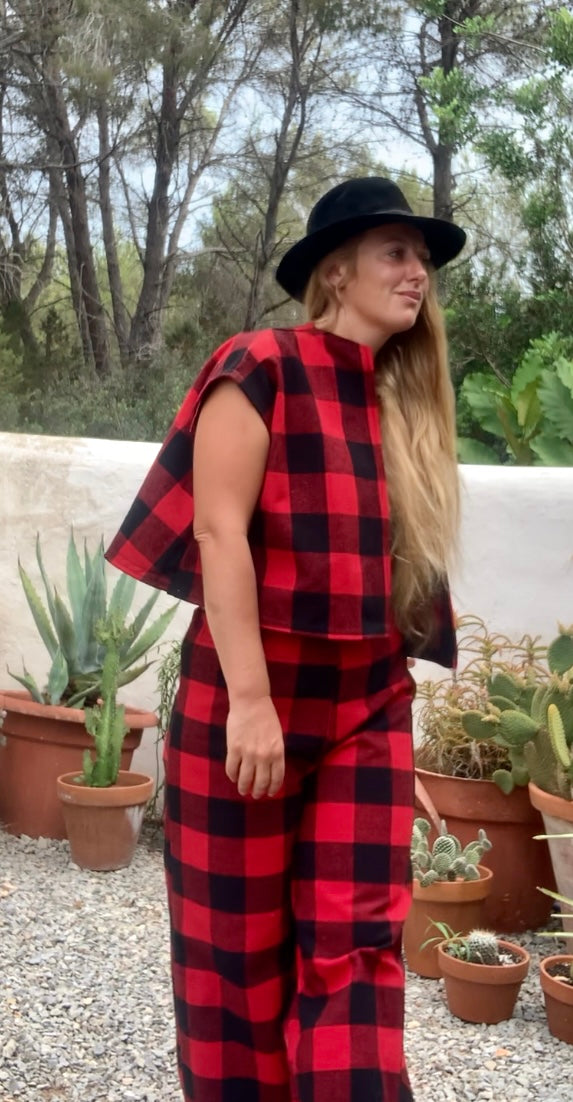 Red and black checked cropped waistcoat jacket made by Vagabond Ibiza from dead stock vintage textiles