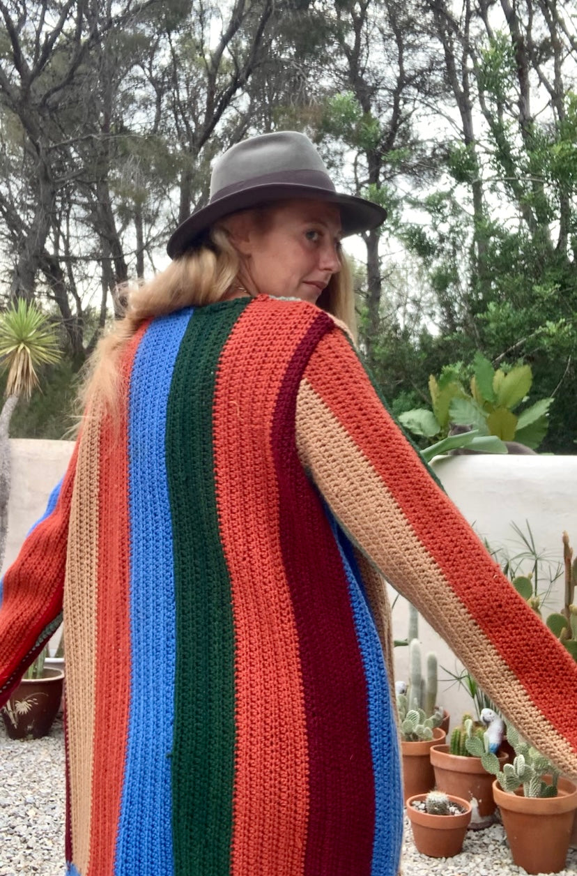 Hand made cotton and wool crochet blanket  jacket Up-cycled by Vagabond Ibiza with earthy brown green and blue striped design.
