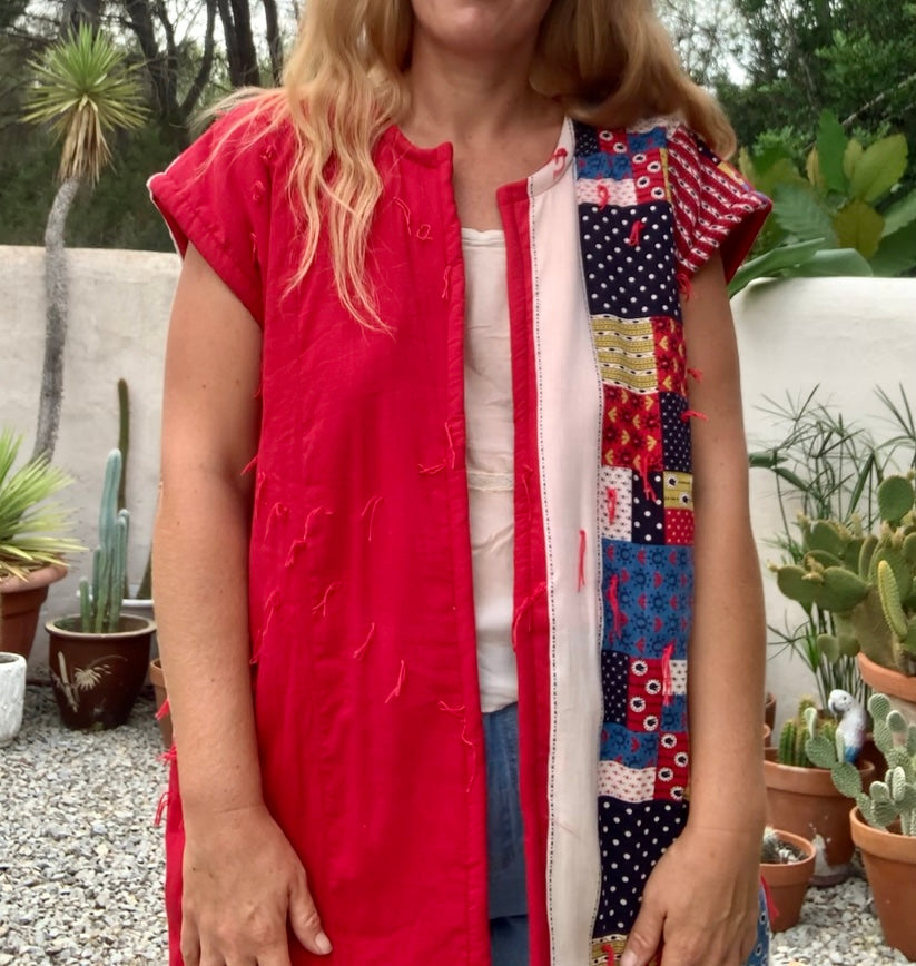 Patchwork cotton quilted blanket waistcoat jacket up-cycled by Vagabond Ibiza with red and blue design