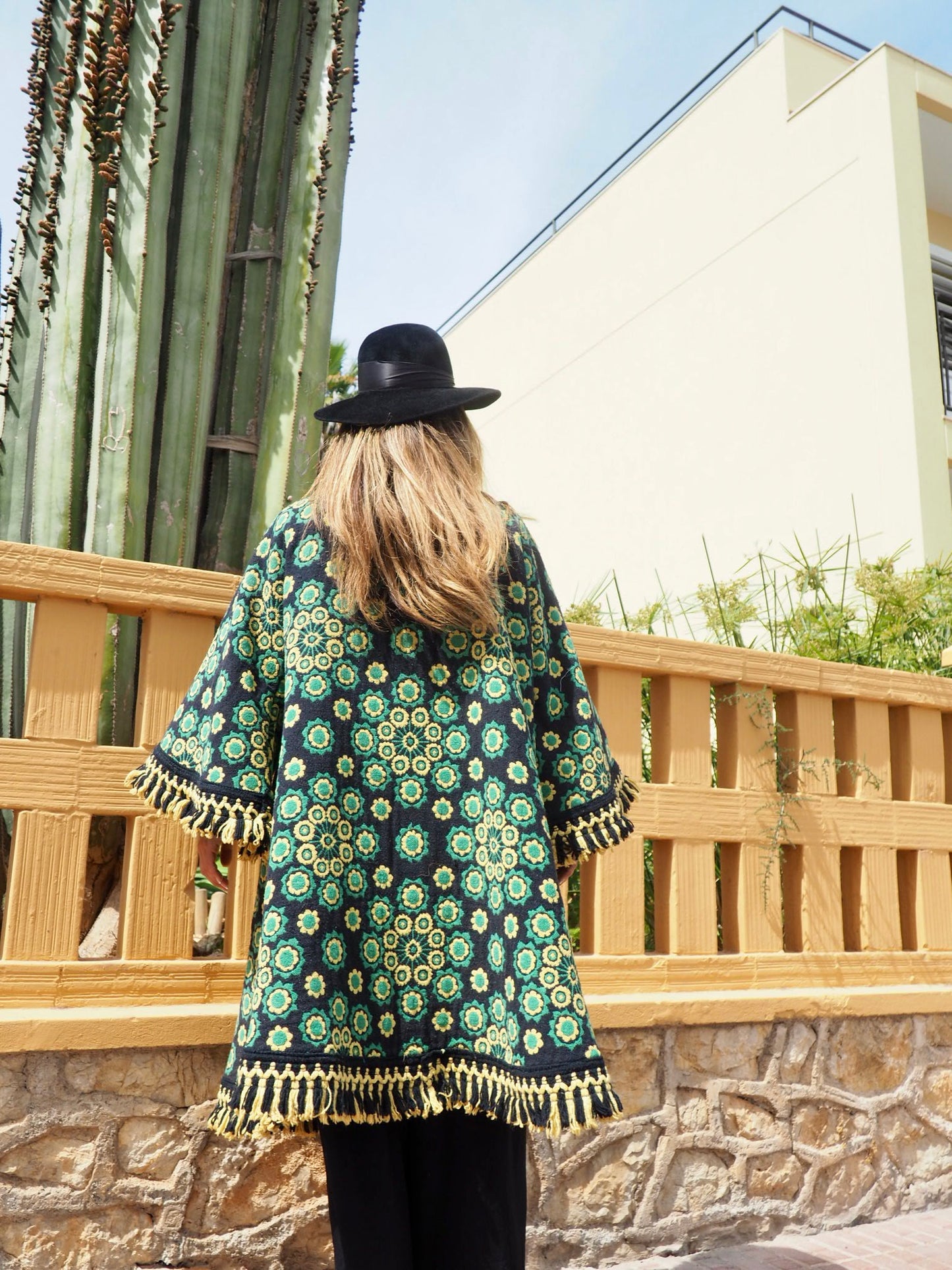Stunning vintage 1970’s black and green tapestry jacket cut on the bias with bell sleeves made by Vagabond Ibiza
