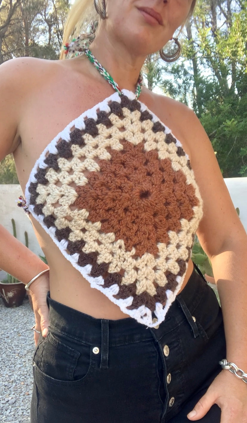 Vintage wool oversized granny square wool tie tops perfect for festivals party and summer time wear over a white shirt in winter