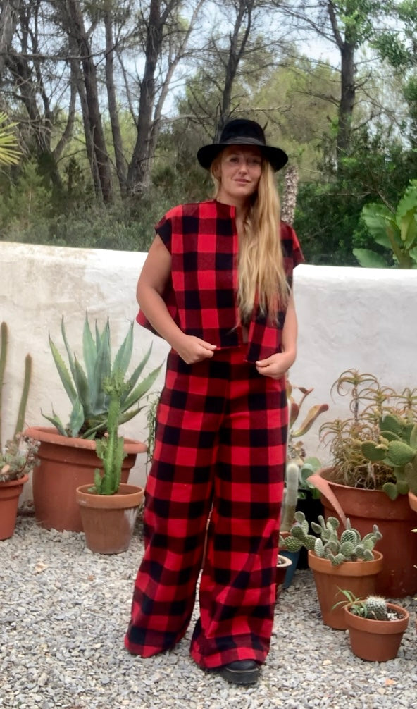 Red and black checked cropped waistcoat jacket made by Vagabond Ibiza from dead stock vintage textiles