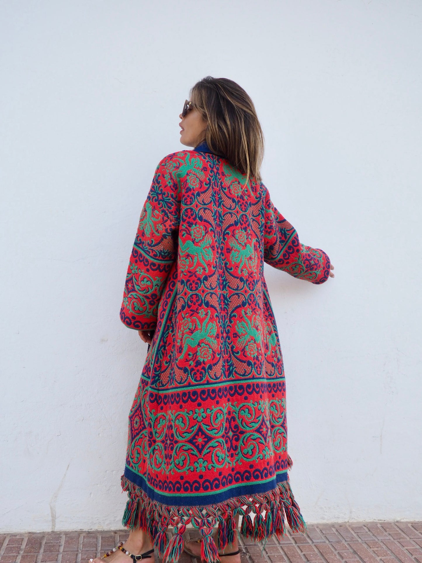 Amazing one off a kind woven tapestry jacket with oversize tassels trimming up-cycled jacket made by Vagabond Ibiza