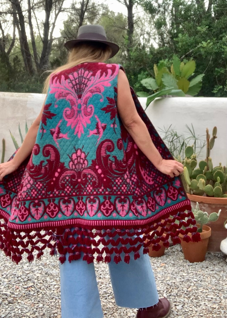 Amazing hand woven English textiles Up-cycled waistcoat jacket made by Vagabond Ibiza with bright pink and blue design and oversized tassels