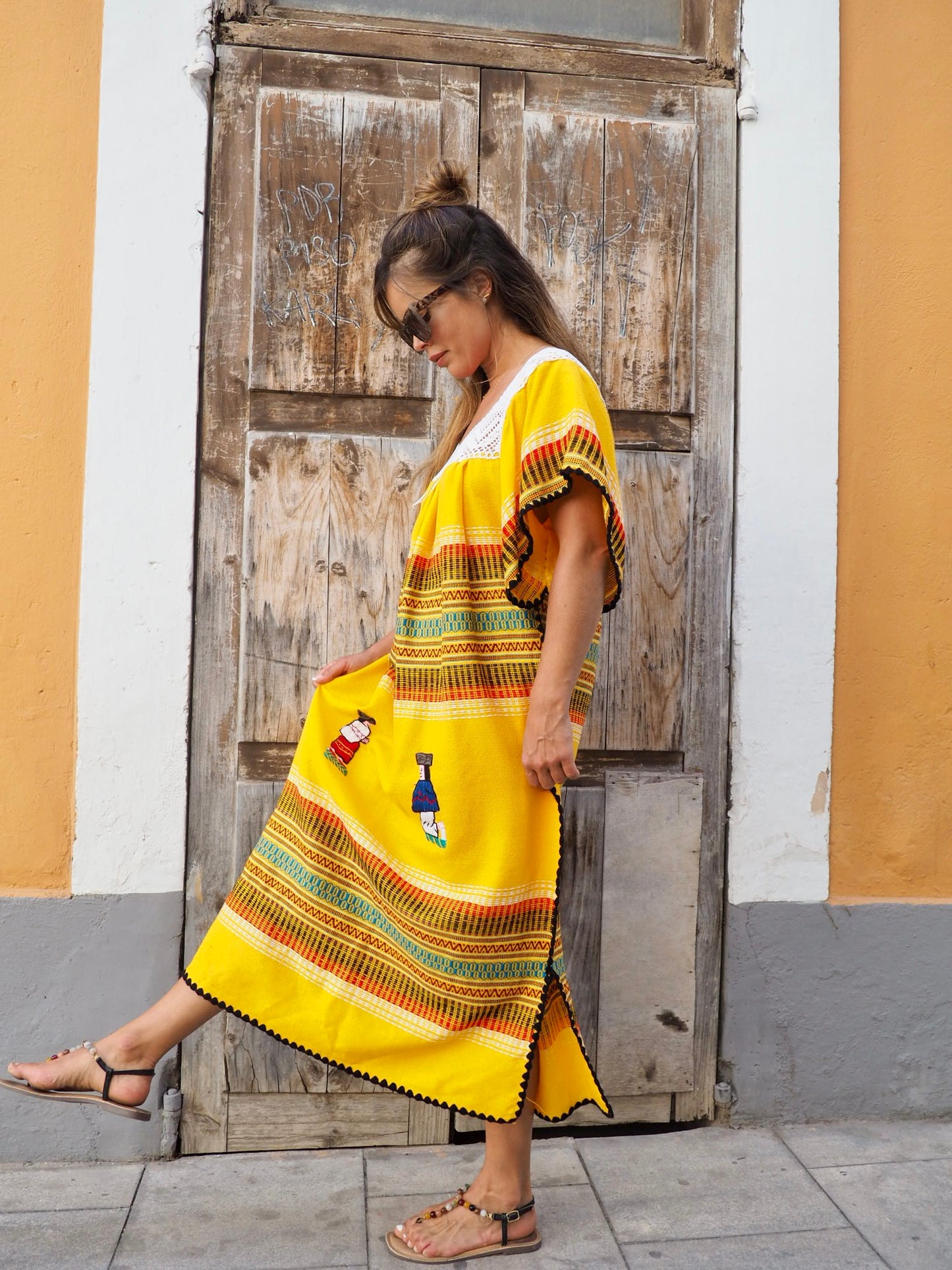 Vintage Mexican yellow woven Kaftan dress with embroidery details