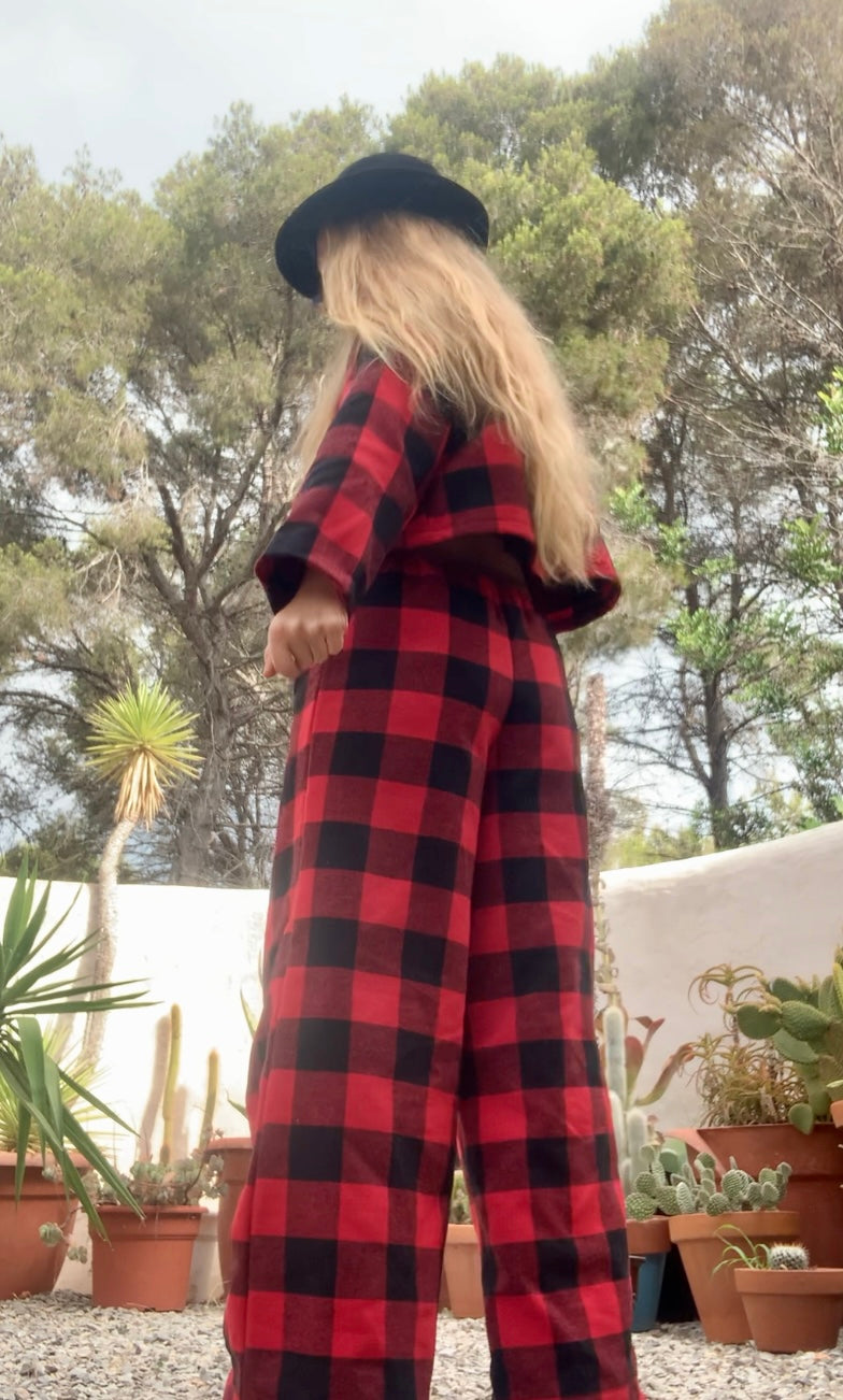 Red and black check vintage dead stock fabric Wide leg pants made by Vagabond Ibiza