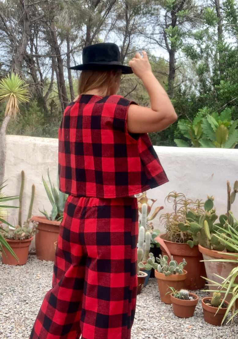 Red and black checked cropped waistcoat jacket made by Vagabond Ibiza from dead stock vintage textiles